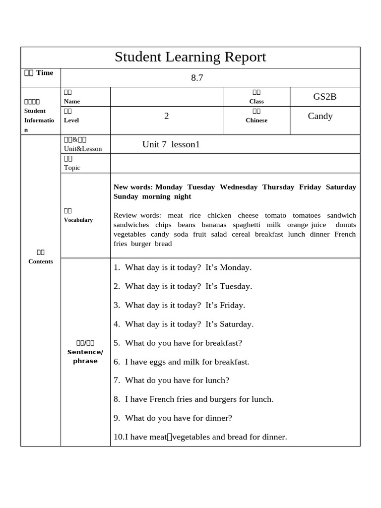Student Learning Report: Unit 7 Overview | PDF