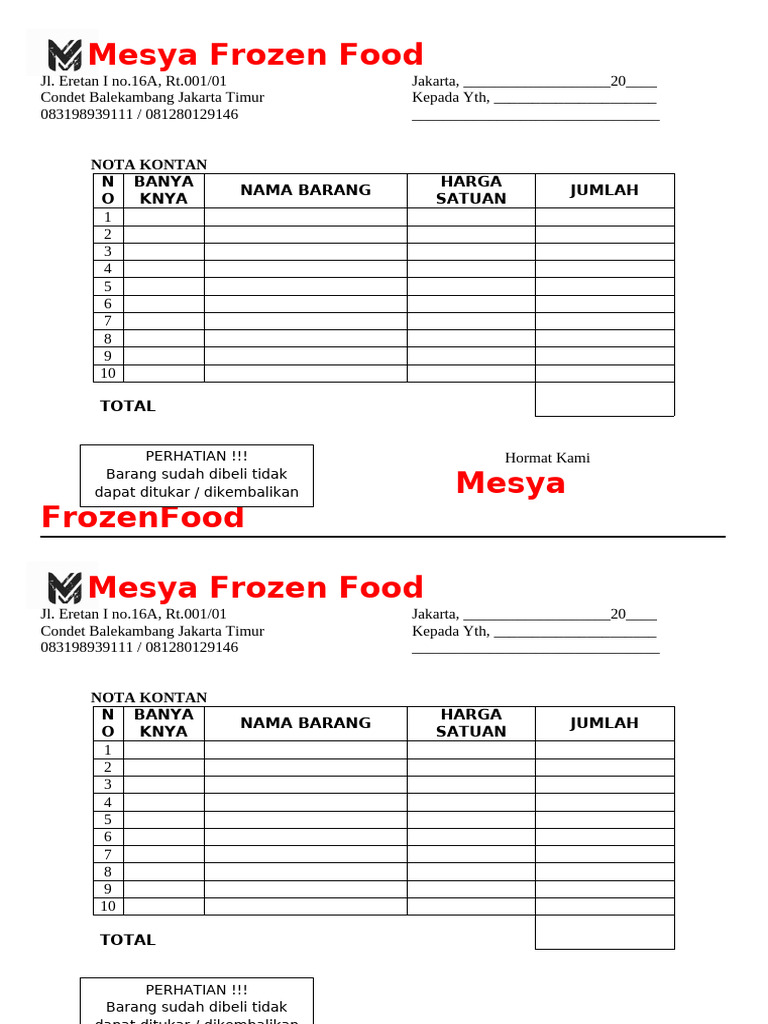 Nota Pembelian Mesya Frozen Food | PDF