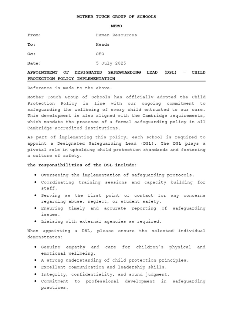 Child Protection Policy Asppointtment of DSL Designate | PDF