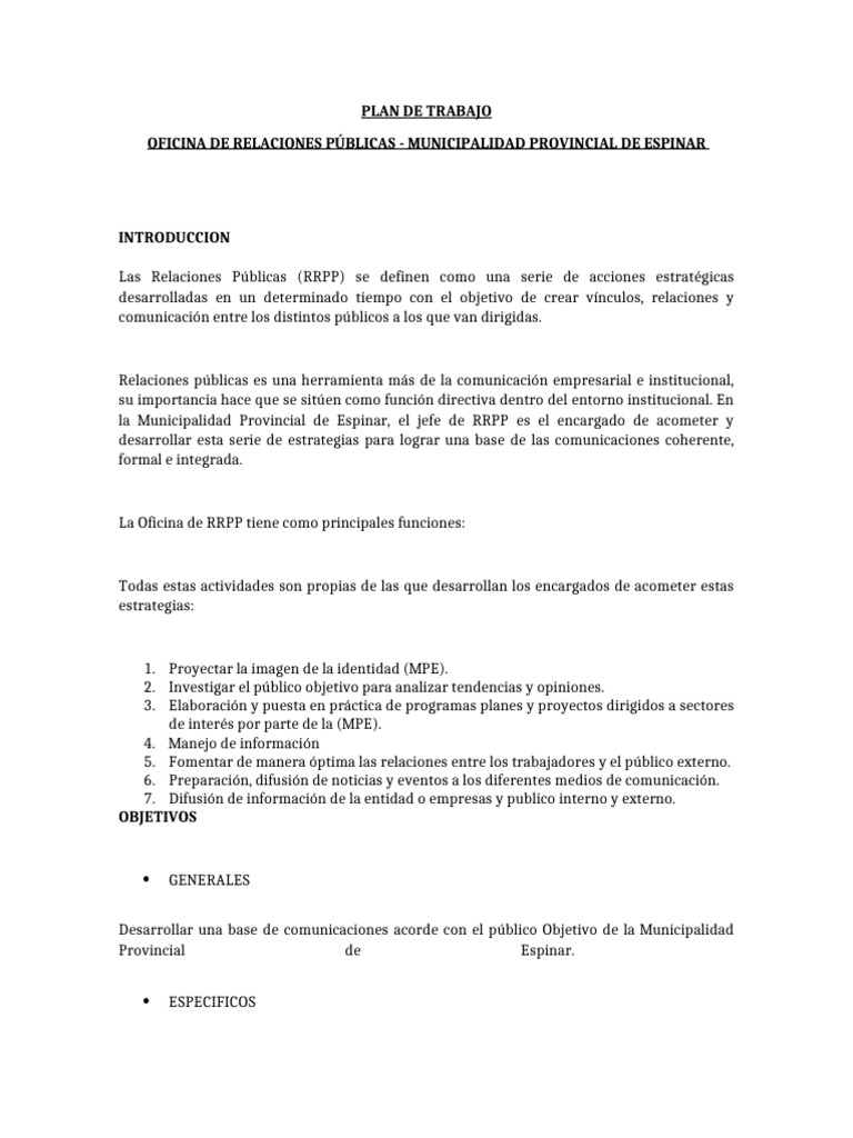Plan de Trabajo RRPP Municipalidad Espinar | PDF | Relaciones públicas ...
