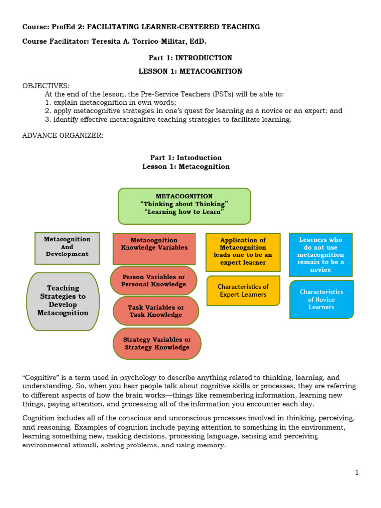 ProfEd 2 HANDOUT IN PART 1 LESSON 1 | PDF | Metacognition | Learning