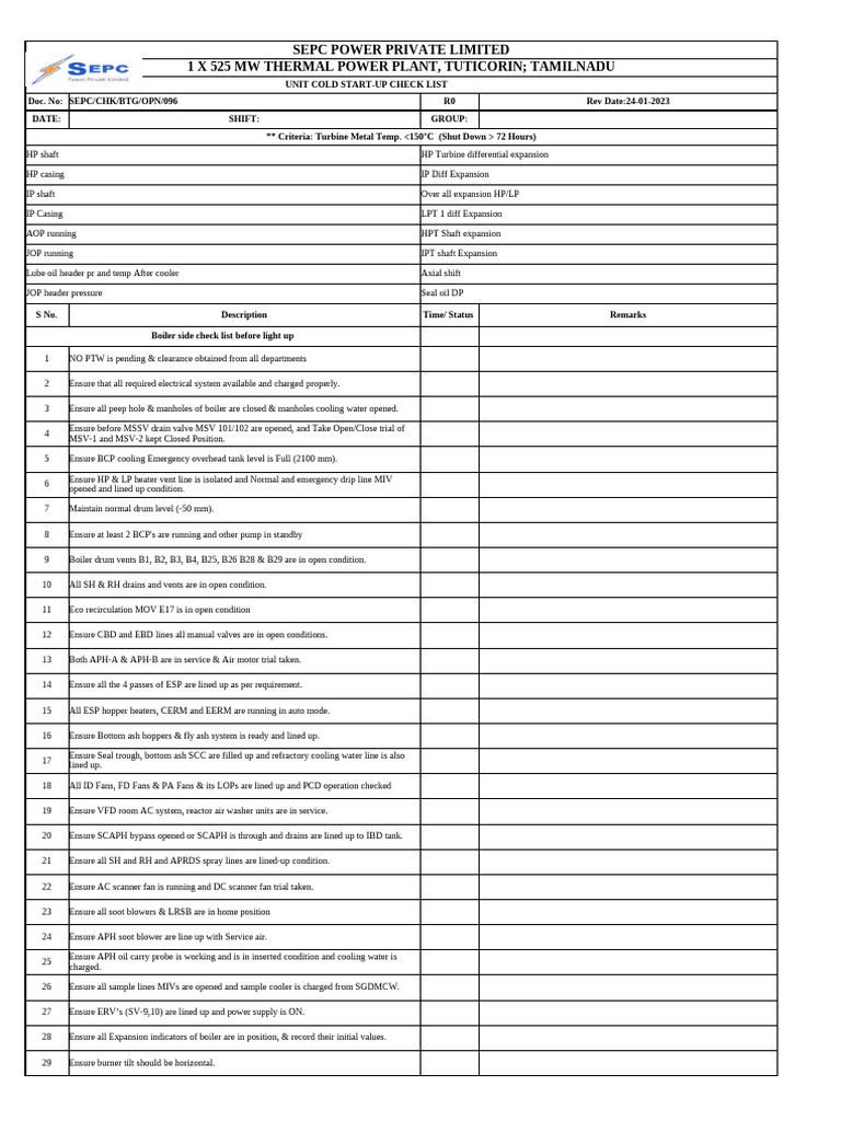 Unit Start-Up Check List | PDF | Boiler | Pump