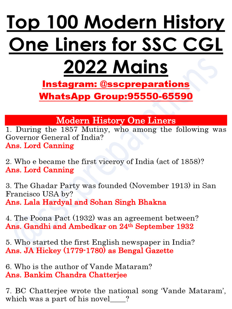Top 100 Modern History One Liners for SSC CGL 2022 Mains | PDF ...