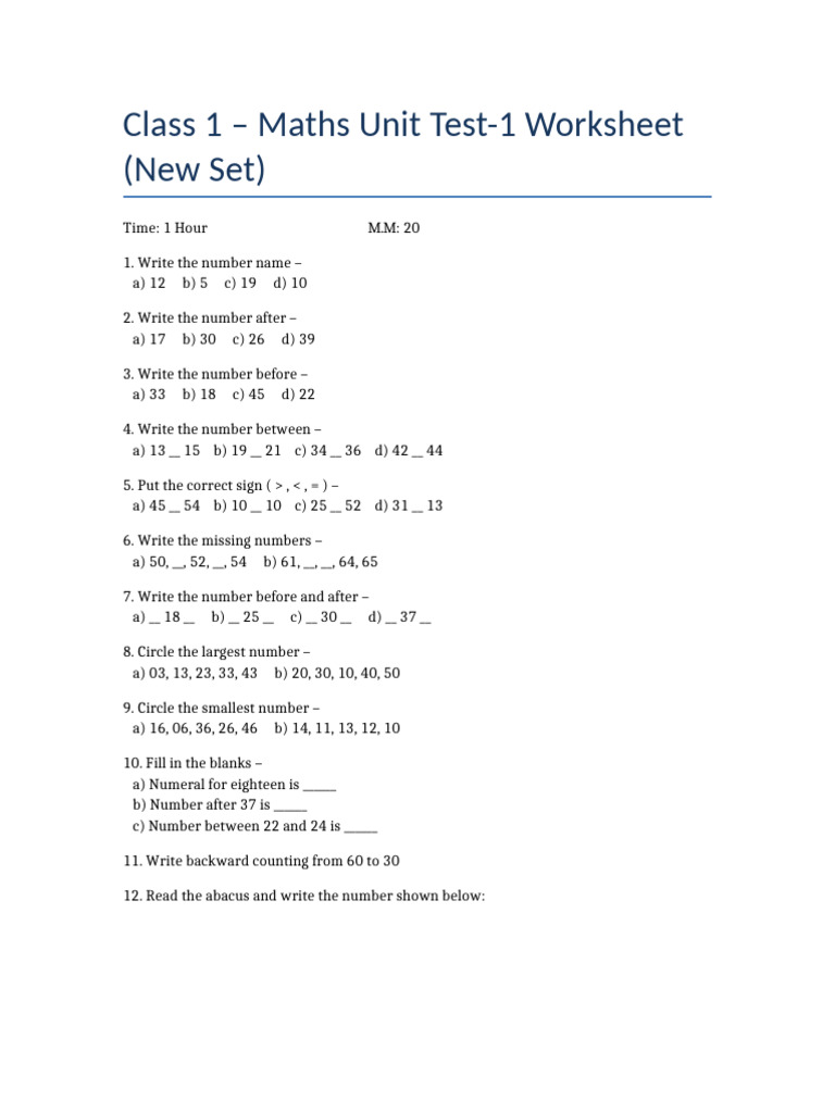 Class 1 Abacus Maths Worksheet | PDF