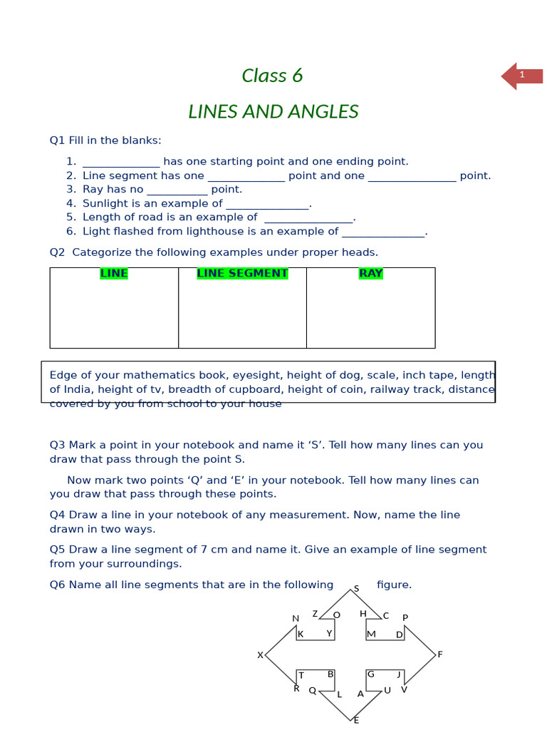 Lines and Angles for Class 6 | PDF