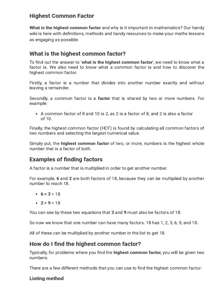 What Is The Highest Common Factor - Definition - Examples | PDF ...