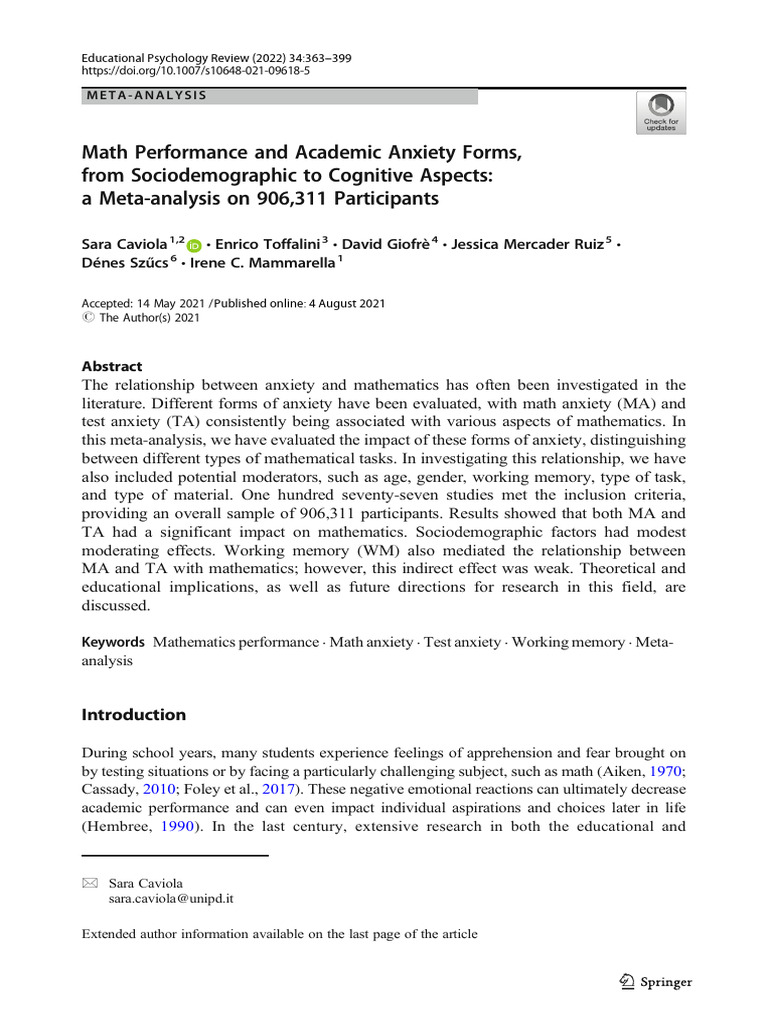 Math Performance | PDF | Meta Analysis | Anxiety