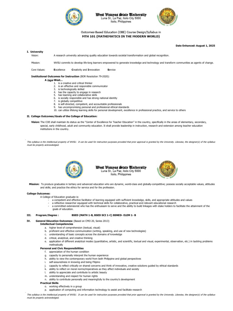 MTH 101 Syllabus Overview | PDF | Statistics | Mathematics