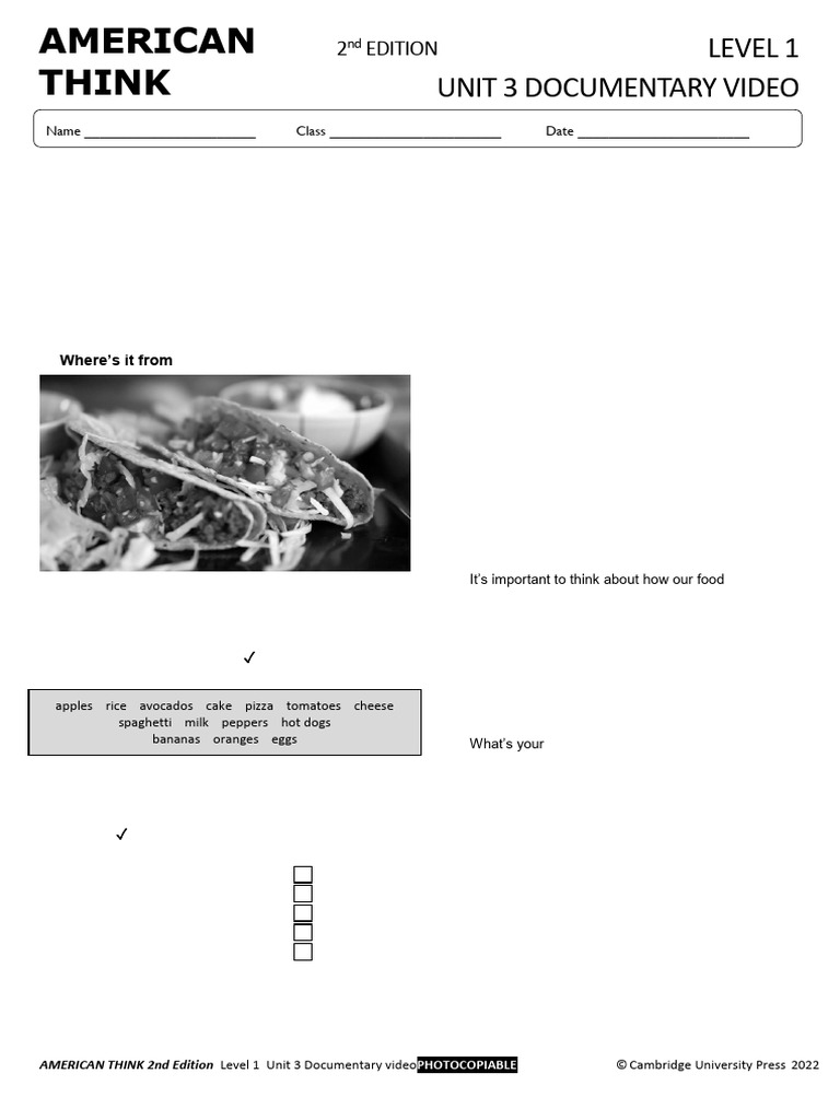 American Think Level 1 Unit 3 Food Video | PDF | Foods | Capsicum