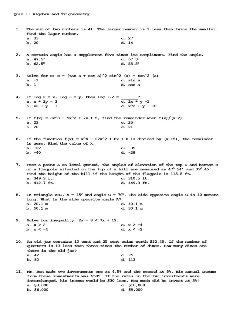 Algebra and Trigonometry Quiz 1 | PDF | Chess | Chess Theory