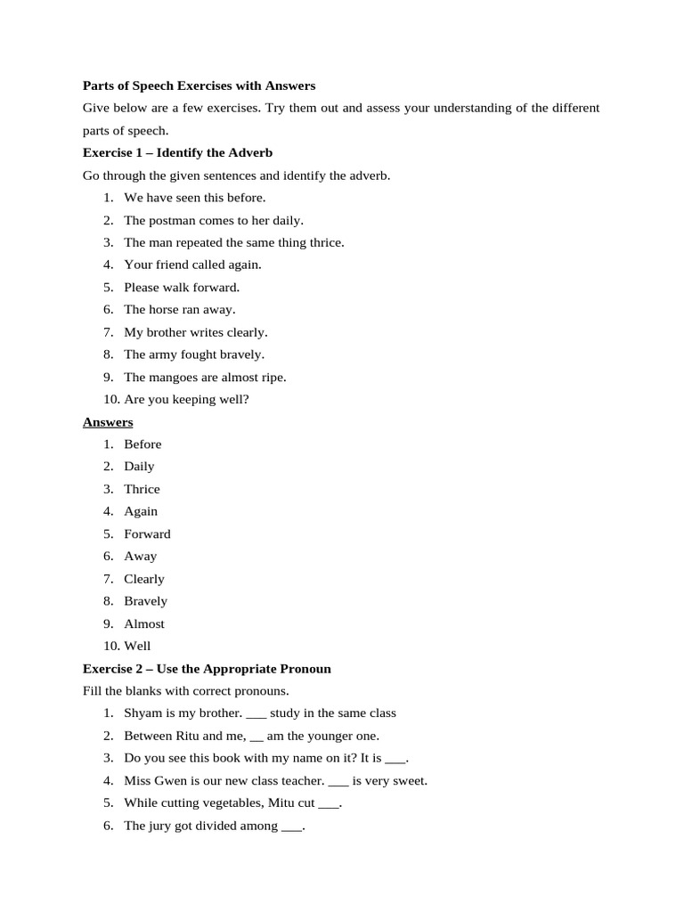 Parts of Speech Exercises & Answers | PDF | Part Of Speech | Languages