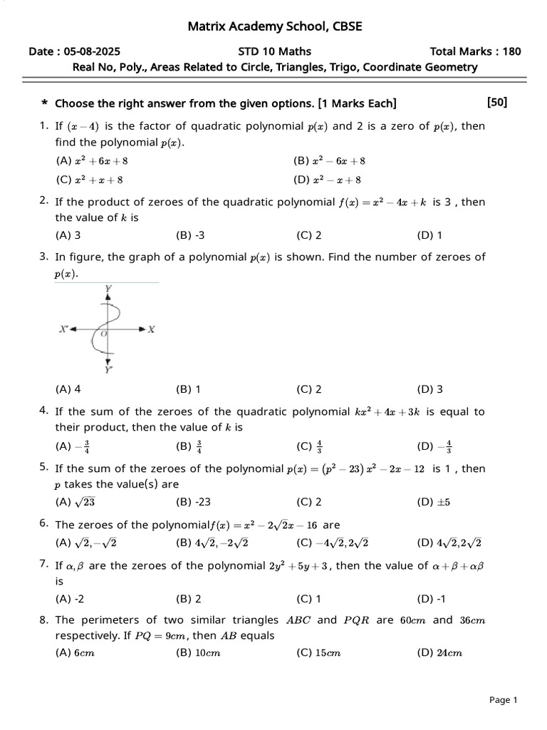 STD 10 Maths Practice Questions | PDF | Circle | Polynomial
