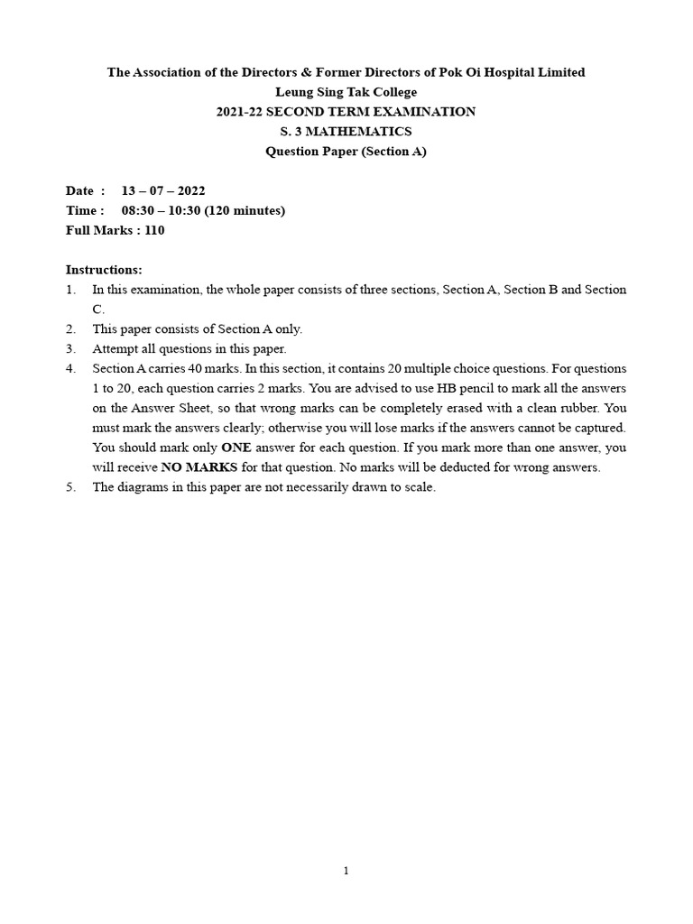 S.3 Mathematics Exam Paper 2021-22 | PDF | Table Tennis | Sphere