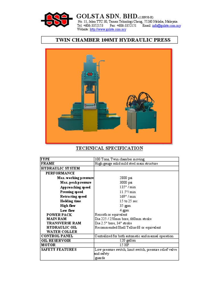Twin Chamber 100mt Hydraulic Press Specfication Pdf