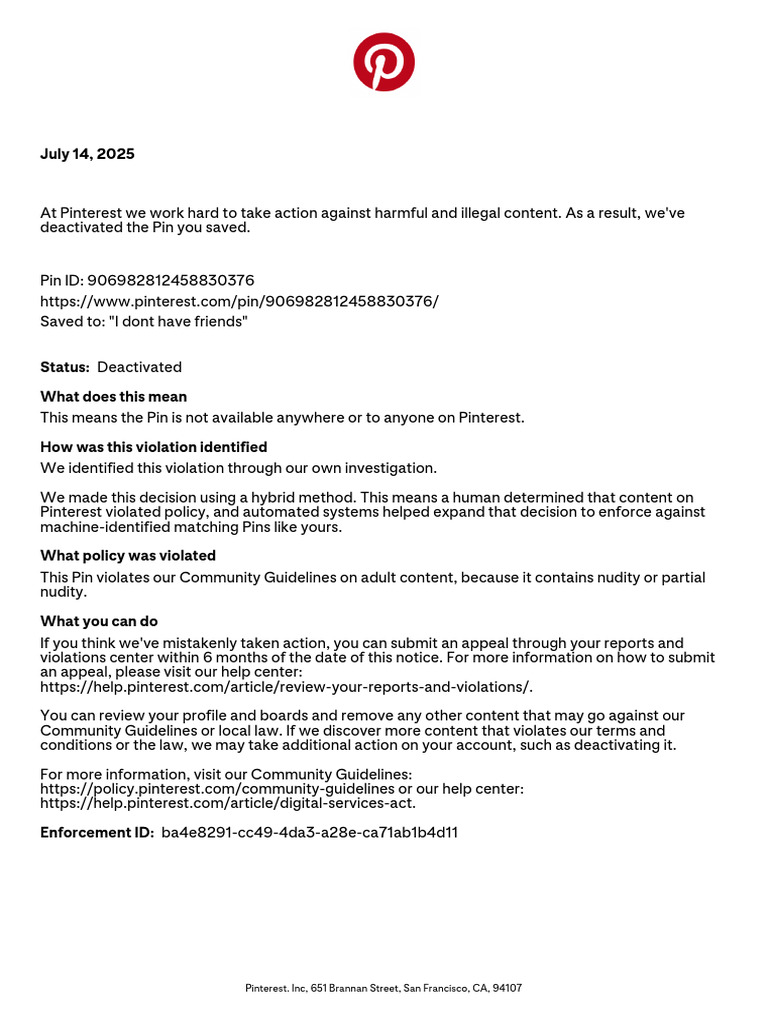 Pinterest Adult Content Violation Notice | PDF