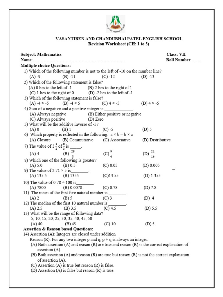 Math Revision Worksheet for Class VII | PDF | Numbers | Mathematics