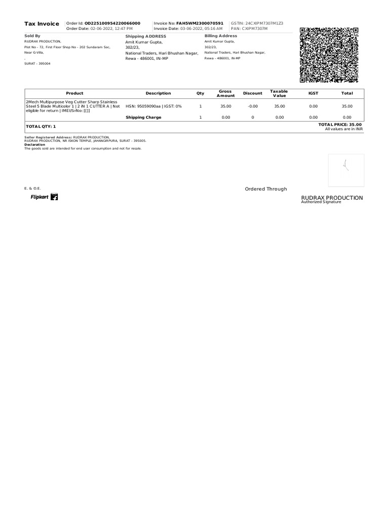 Tax Invoice for Order OD225100954220066000 | PDF | Taxes | Government ...