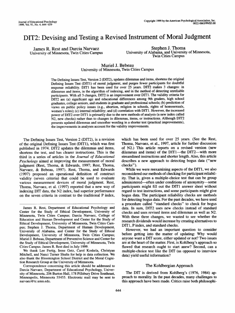 1999 - DIT2 Devising and Testing A Revised Instrument of Moral Judgment ...