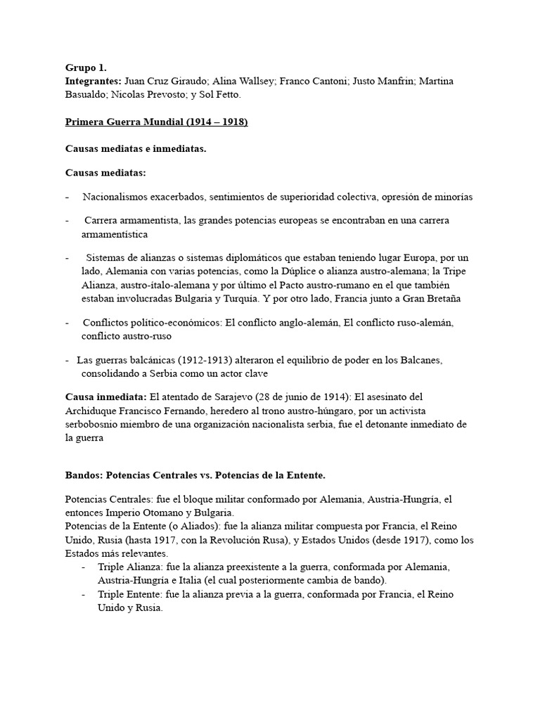 Causas y Consecuencias de la Primera Guerra Mundial | PDF | Tratado de ...