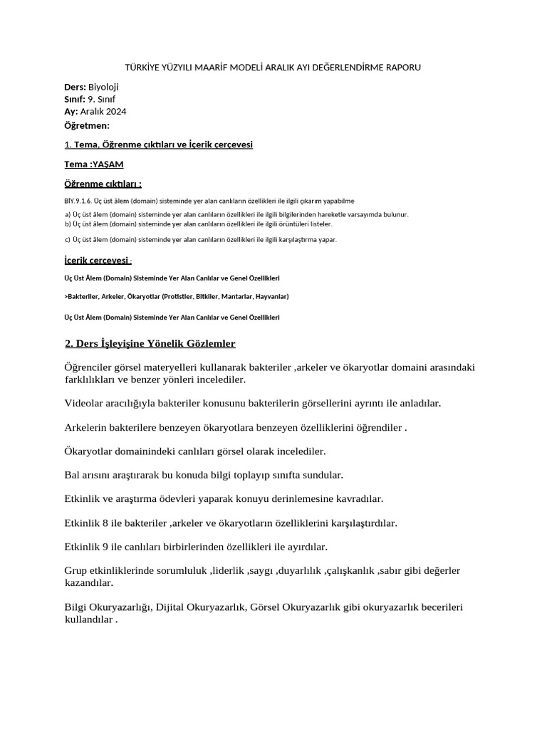 Türki̇ye Yüzyili Maari̇f Modeli̇ Aralik Ayi Değerlndi̇rme Raporu | PDF