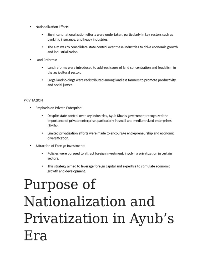 Purpose of Nationalization and Privatization in Ayub's Era | PDF ...
