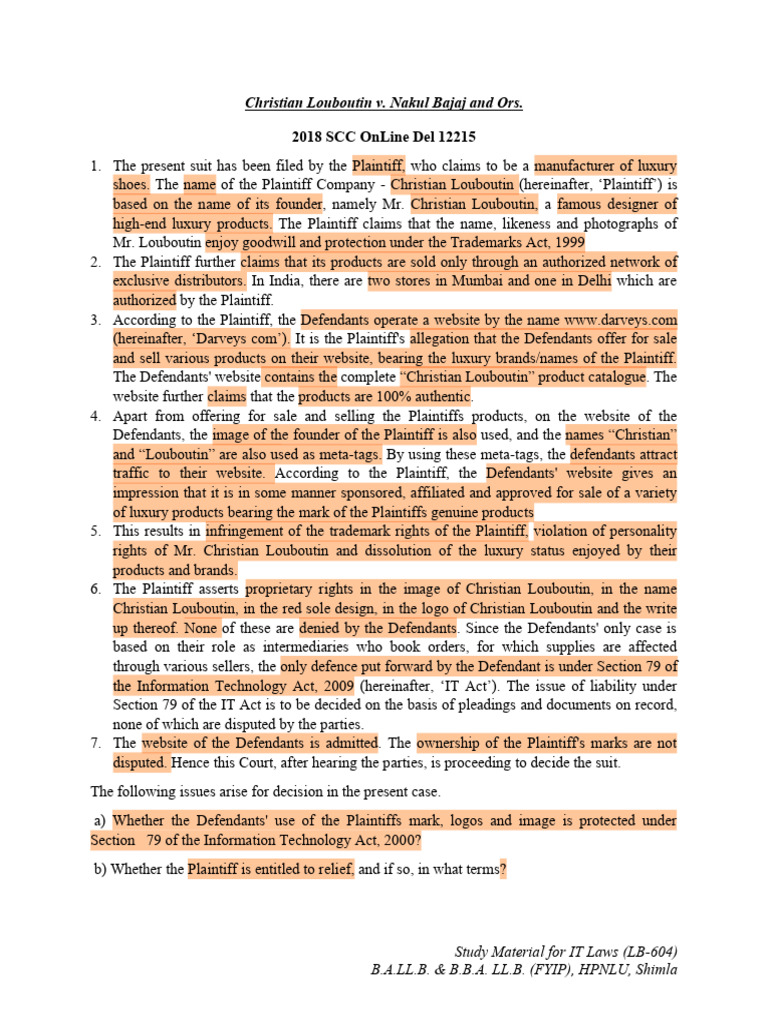 Study Material & Case Compendium For IT Laws - LB 604 - Removed | PDF