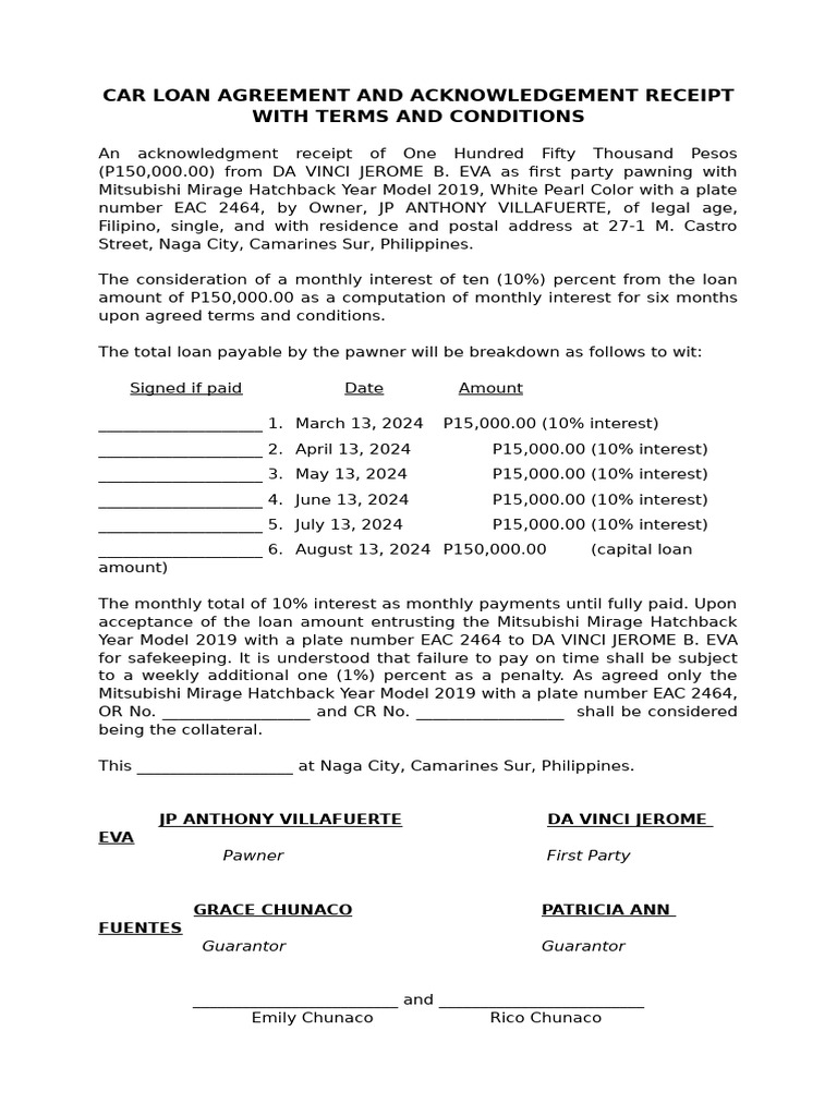 Car Loan Agreement and Acknowledgement Receipt | PDF