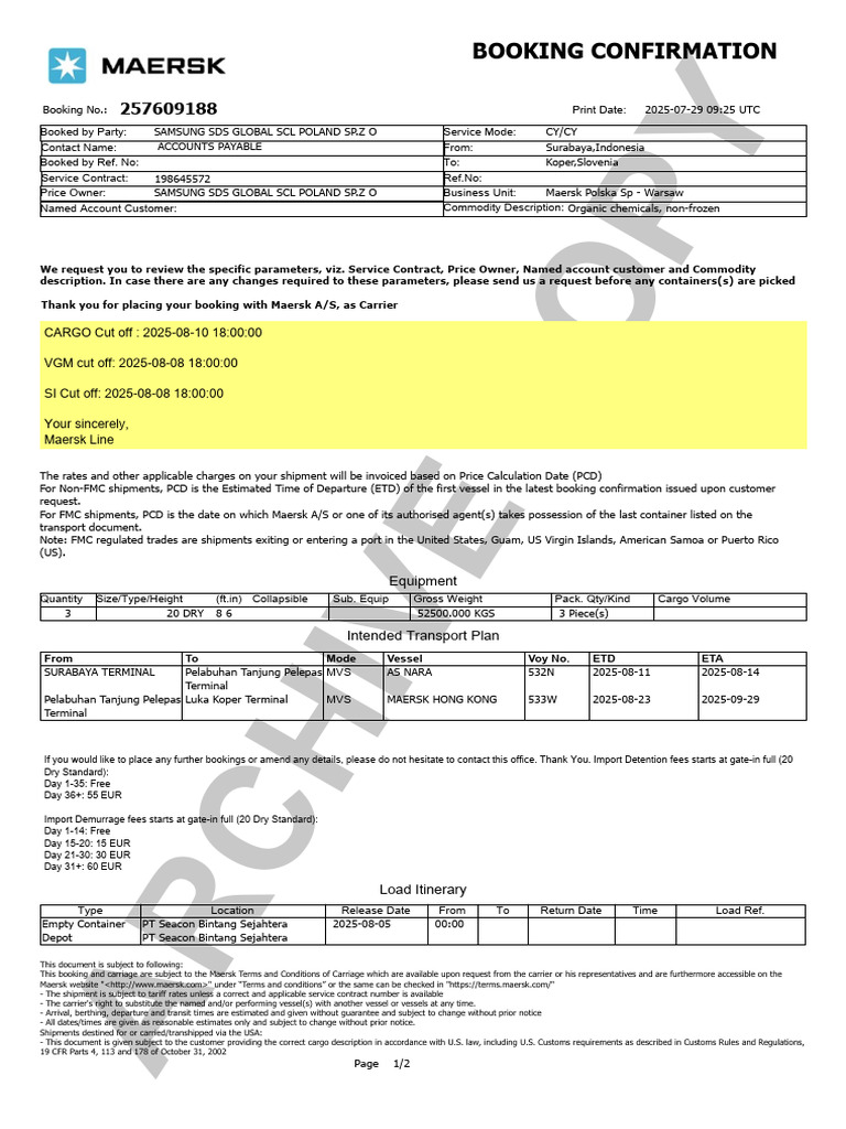 BookingConfirmation | PDF | Cargo | Indemnity
