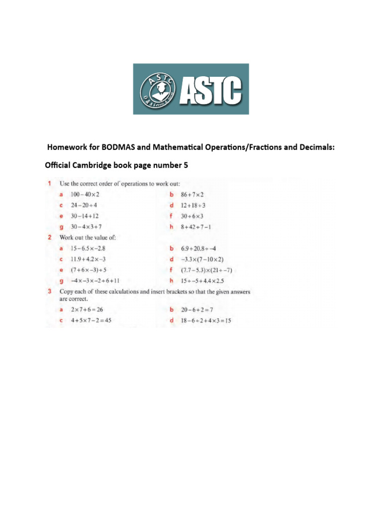 Homework 4 Bodmas, Mathematical Operation Fractions and Decimals | PDF