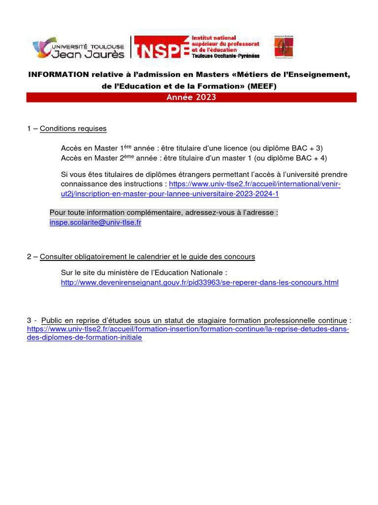 Admission Masters MEEF 2023 : Conditions et Documents | PDF | Niveaux d ...