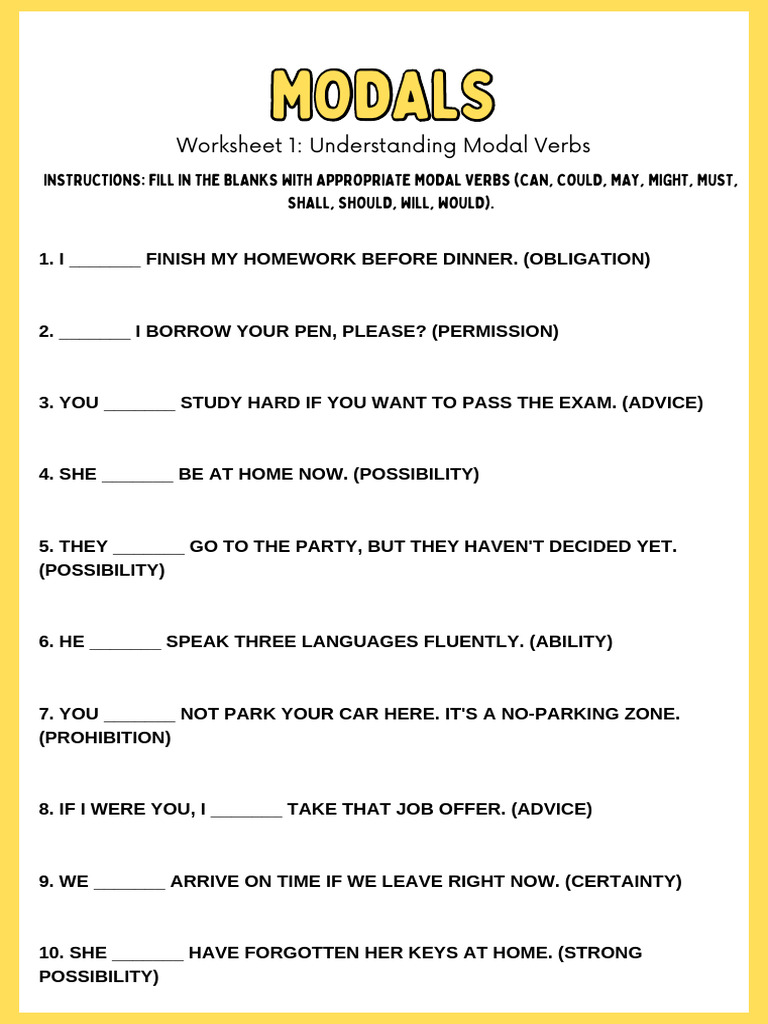 Modal Verbs Worksheets for Practice | PDF | Verb | Linguistic Typology