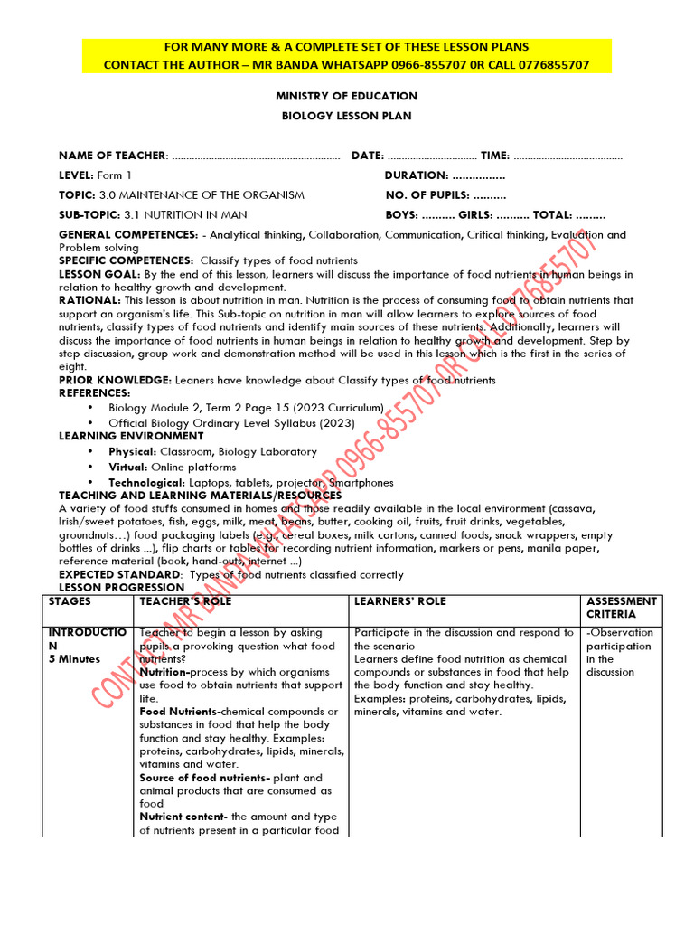 Form 1 Biology Term 2 Sample Lesson Plans by Banda 0966855707 | PDF ...