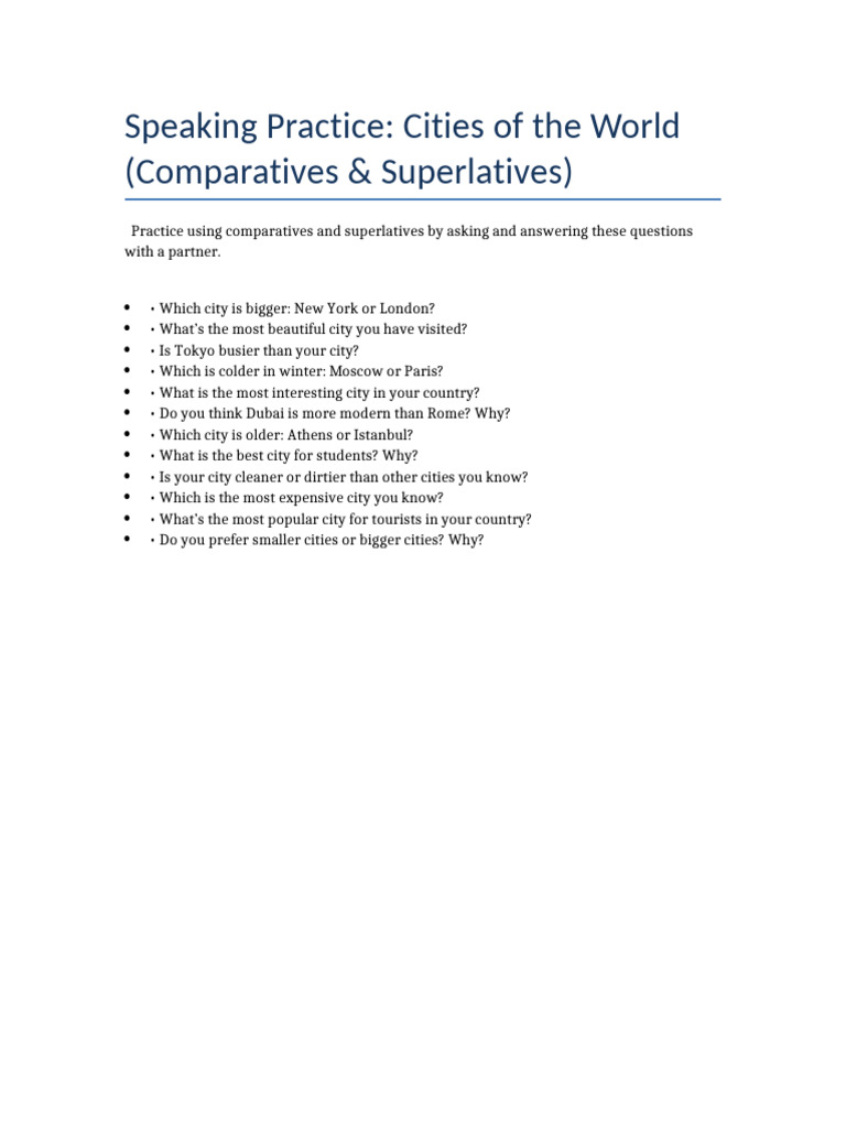 Comparative Speaking Questions on Cities | PDF