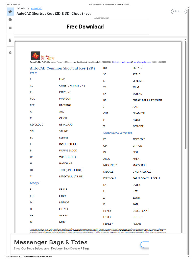 AutoCAD 2D & 3D Shortcut Keys Cheat Sheet | PDF