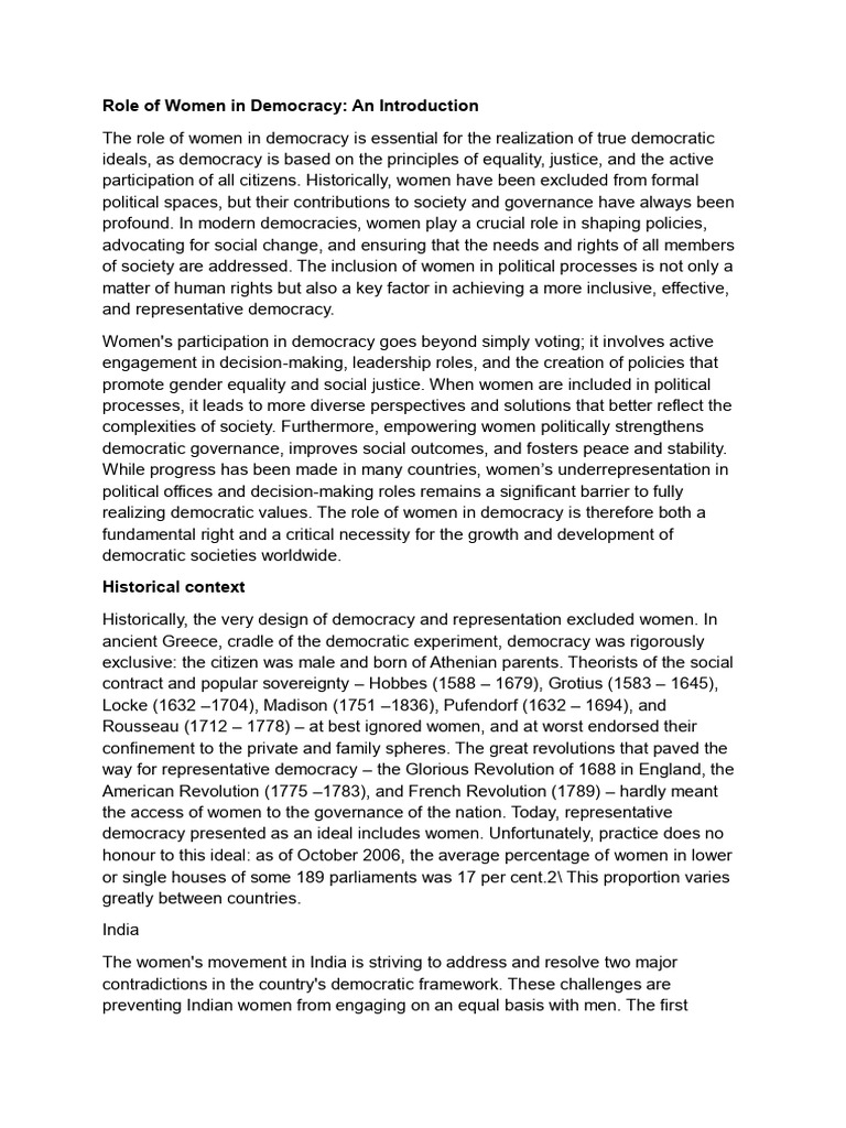 Role of Women in Democracy | PDF | Democracy | Political Ideologies