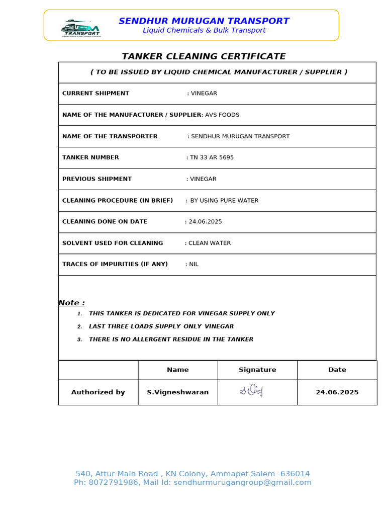 Tanker Cleaning Certificate for Vinegar | PDF