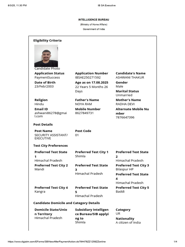 IB Security Assistant Application Form | PDF