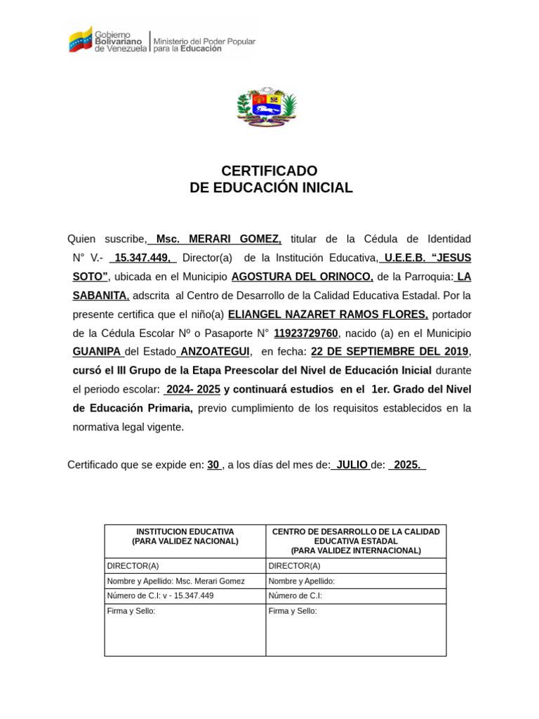 Certificado de Educación Inicial 2025 | PDF