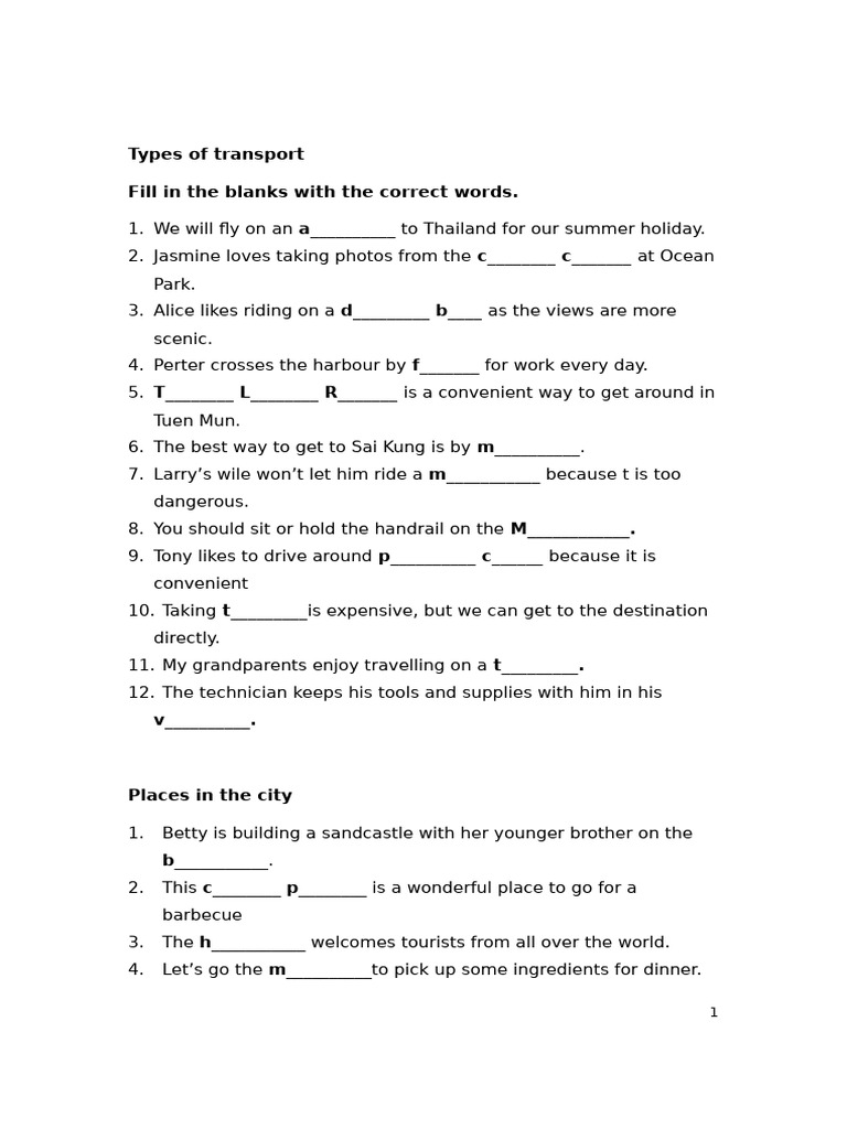 Unit 7 Transport Vocabulary Execise | PDF