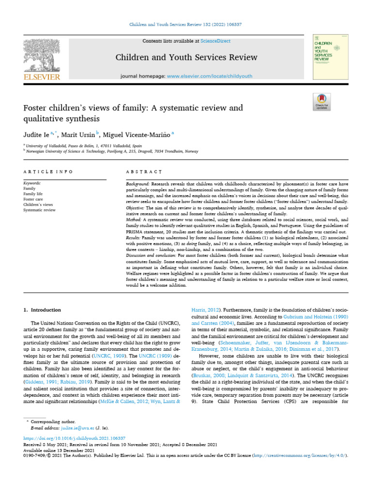 Foster Children's Views on Family | PDF | Systematic Review | Family