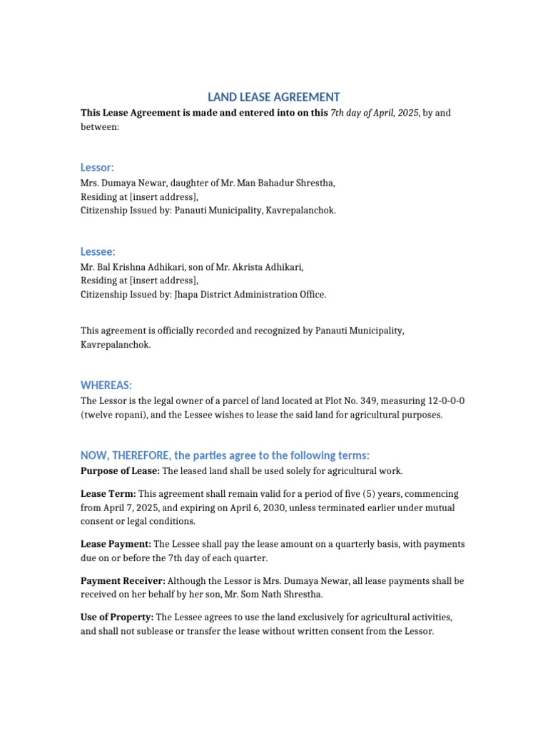 Land Lease Agreement Final | PDF