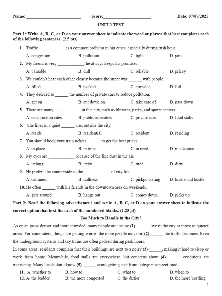 2 B N - Unit 2 Test | PDF | Transport