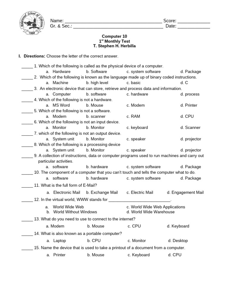 1st Monthly Computer Test for Grade 10 | PDF | Computer Hardware ...