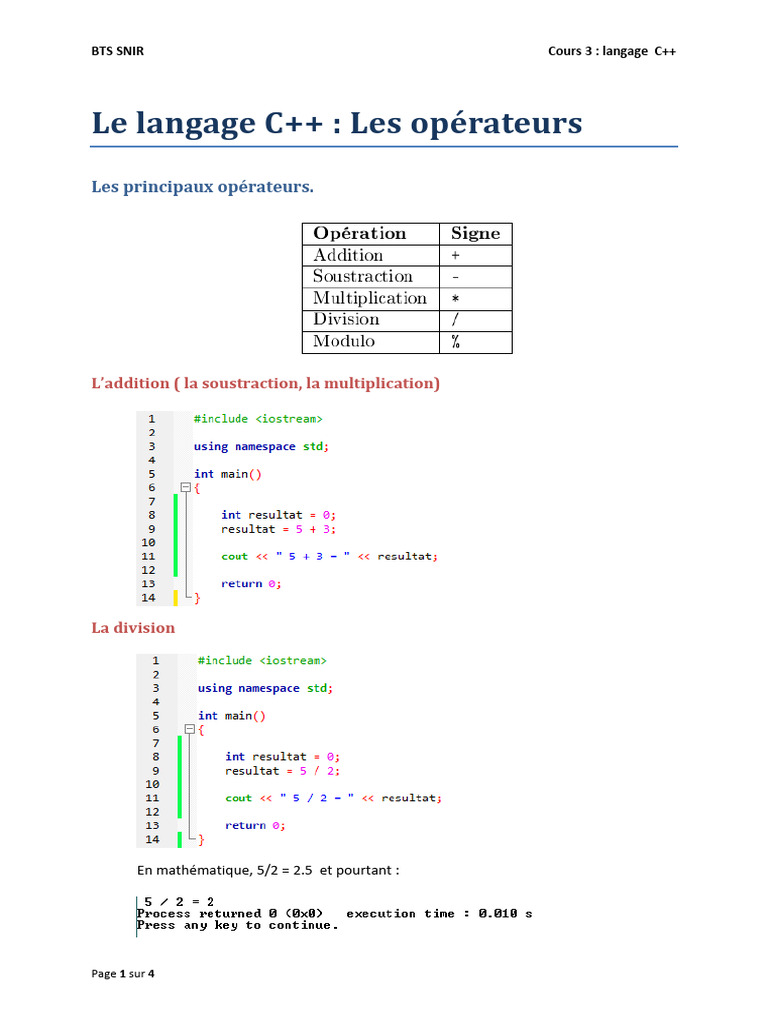 Opérateurs en C++ : Addition, Division, Modulo | PDF