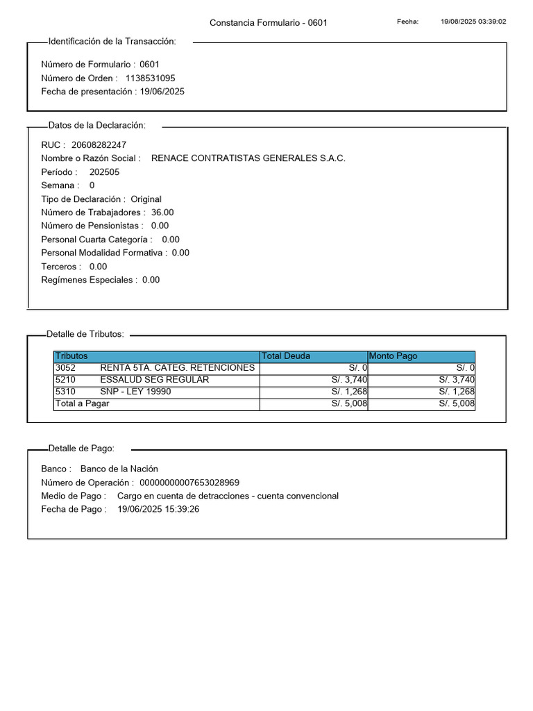 Planilla Electrónica PLAME 05/2025 | PDF