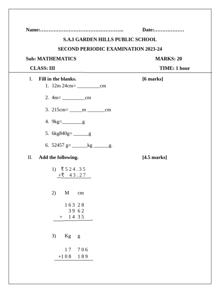 Class 3 Maths: Shapes & Patterns Exam | PDF