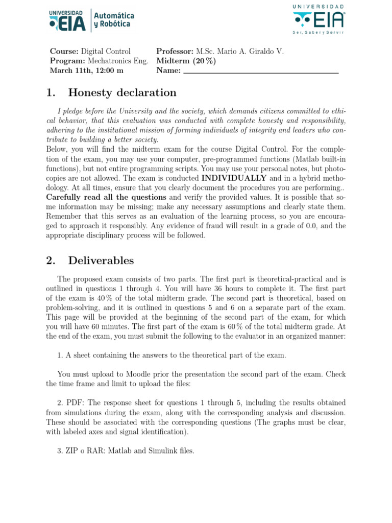 Digital Control Midterm Exam Guide | PDF | Control Theory | Applied ...