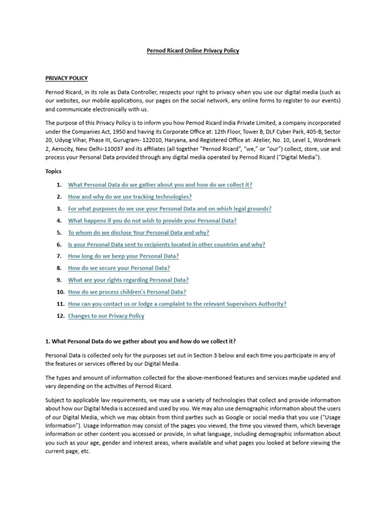 Pernod Ricard Privacy Policy Overview | PDF | Http Cookie | Computing