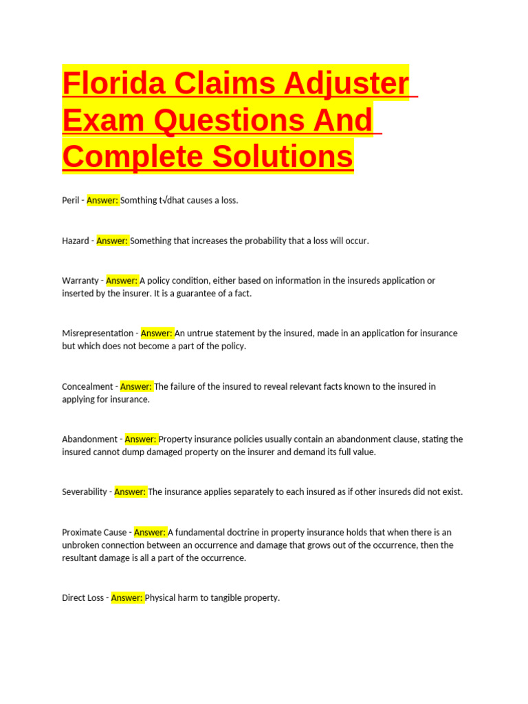 Florida Claims Adjuster Exam Questions With Complete Solutions | PDF ...