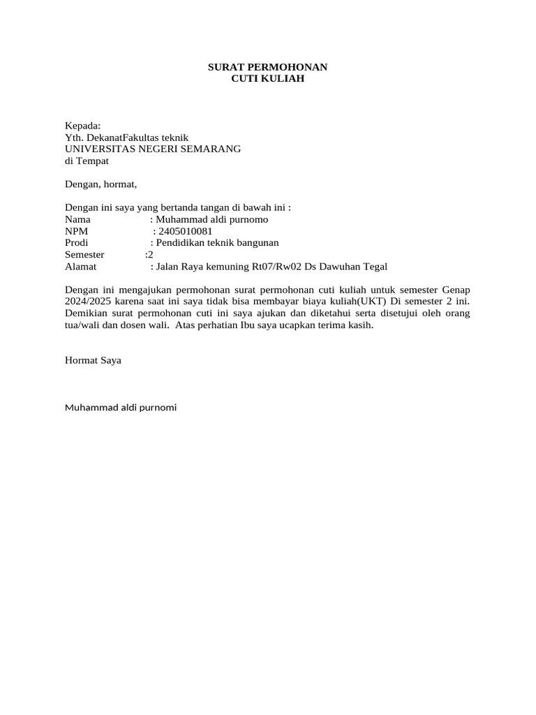 Contoh Surat Cuti Pdf